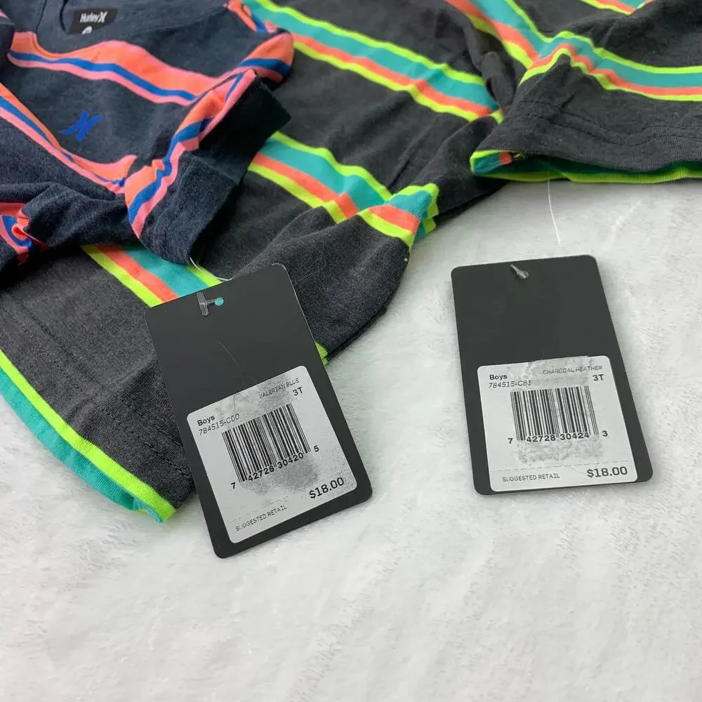 NWT Hurley Boys Size 3T Lot of 2 Neon Pink Yellow Green Orange Striped T-Shirts
